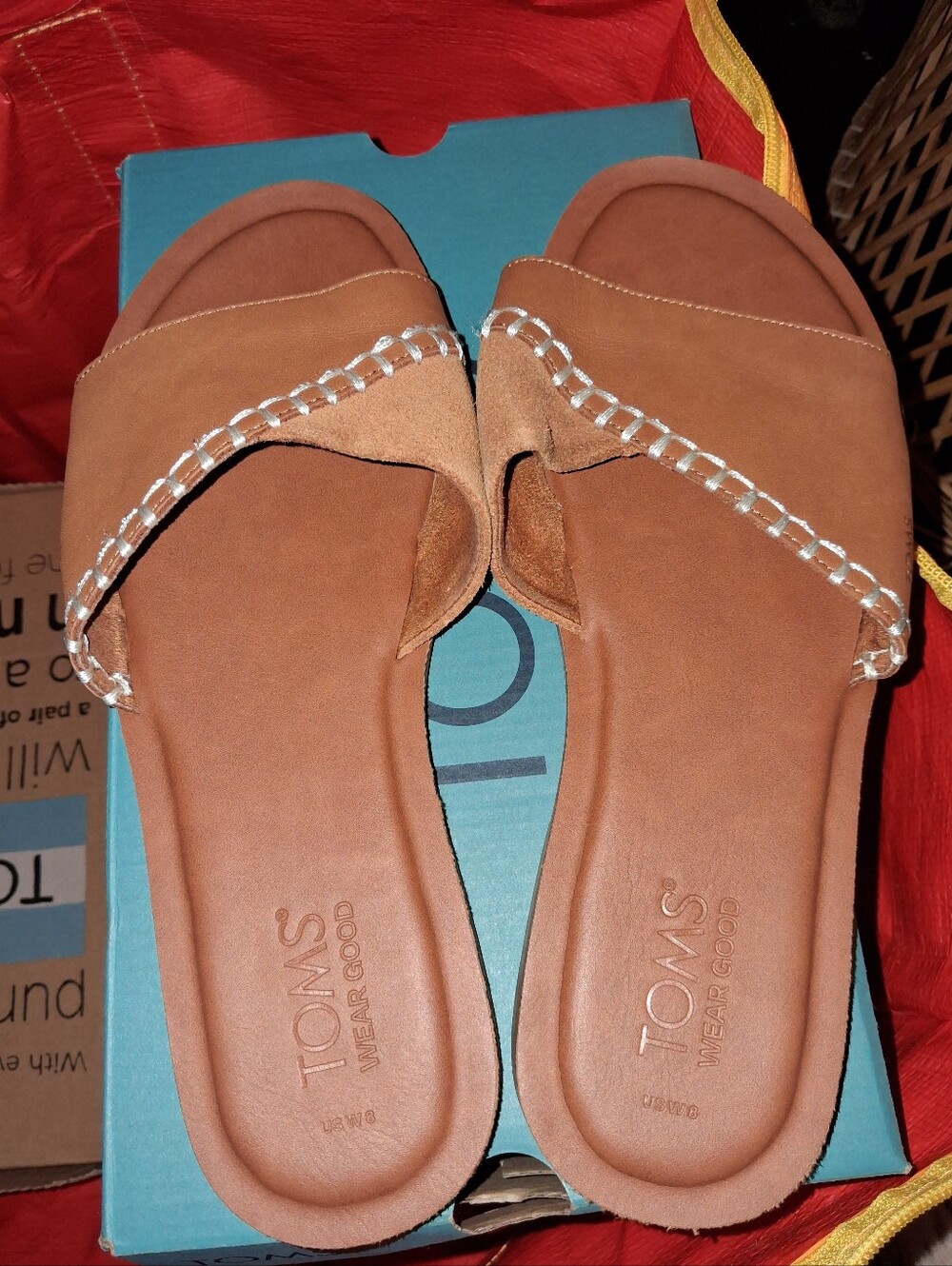 TOMS Shea Brown Leather Whipstitch Slide Sandals Women’s Size 8
